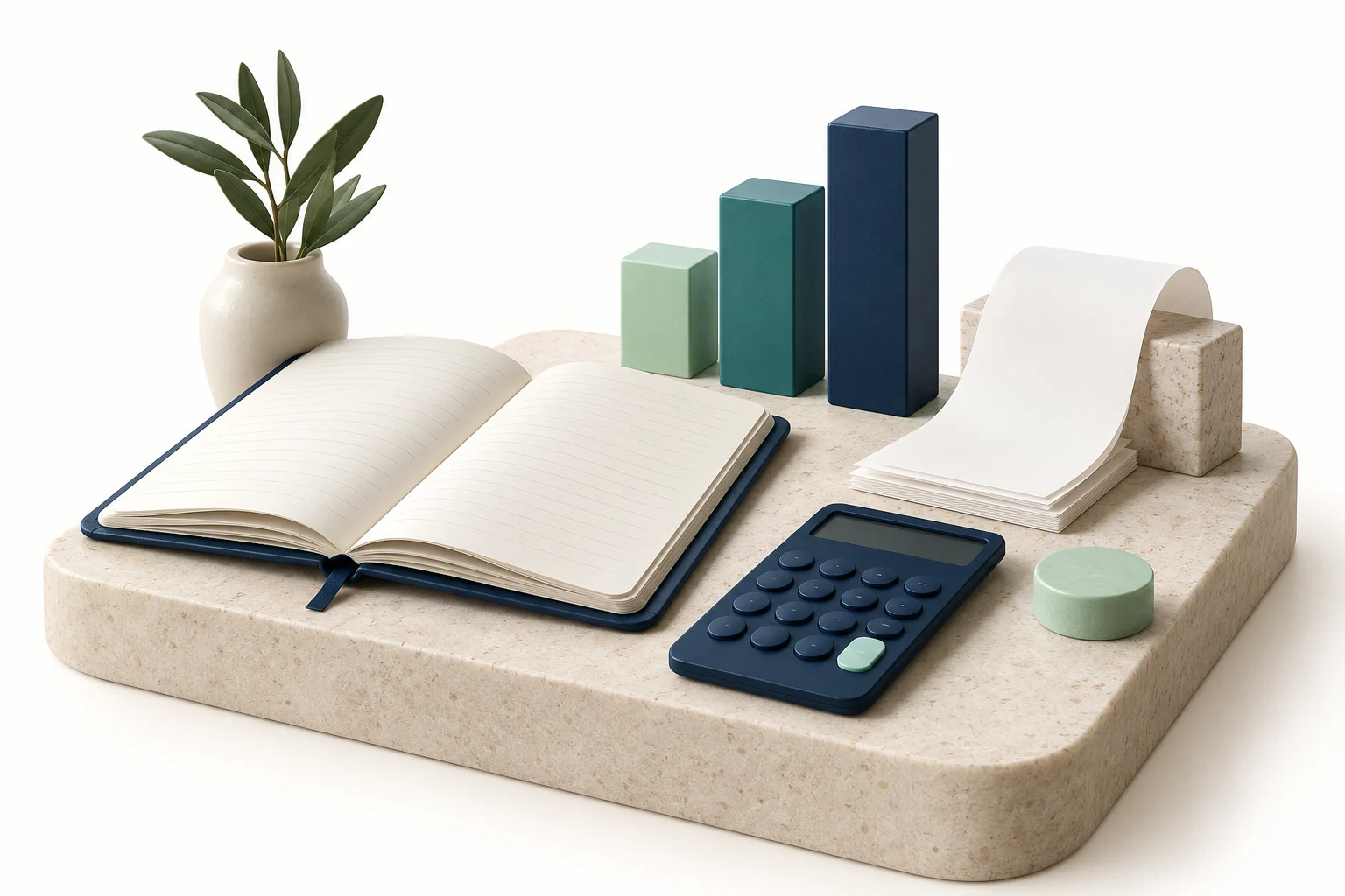 A neatly arranged notebook, calculator, receipt paper and rising teal and navy chart blocks